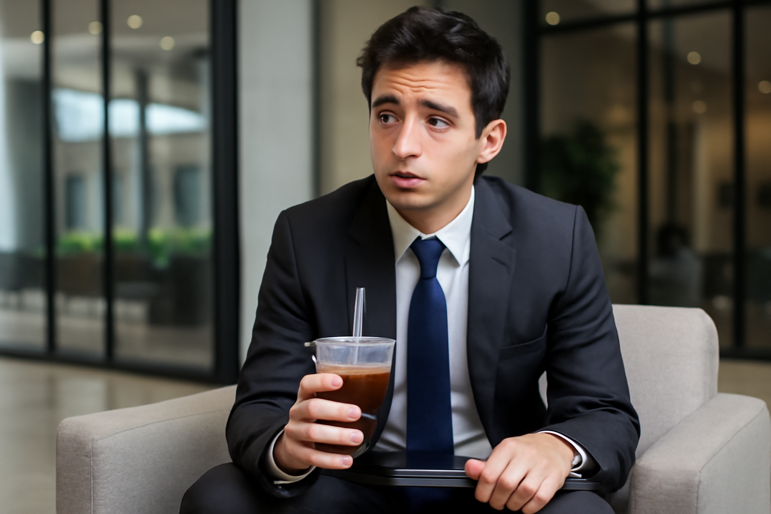 A job candidate in business attire holds an iced coffee cup while waiting in an office lobby before an interview.