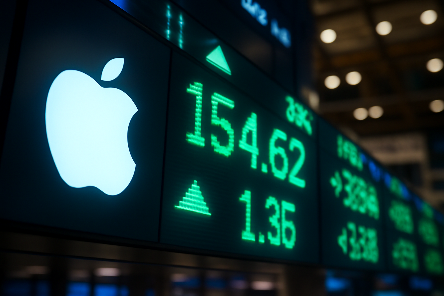 Nvidia logo displayed on a stock exchange ticker board with rising green numbers