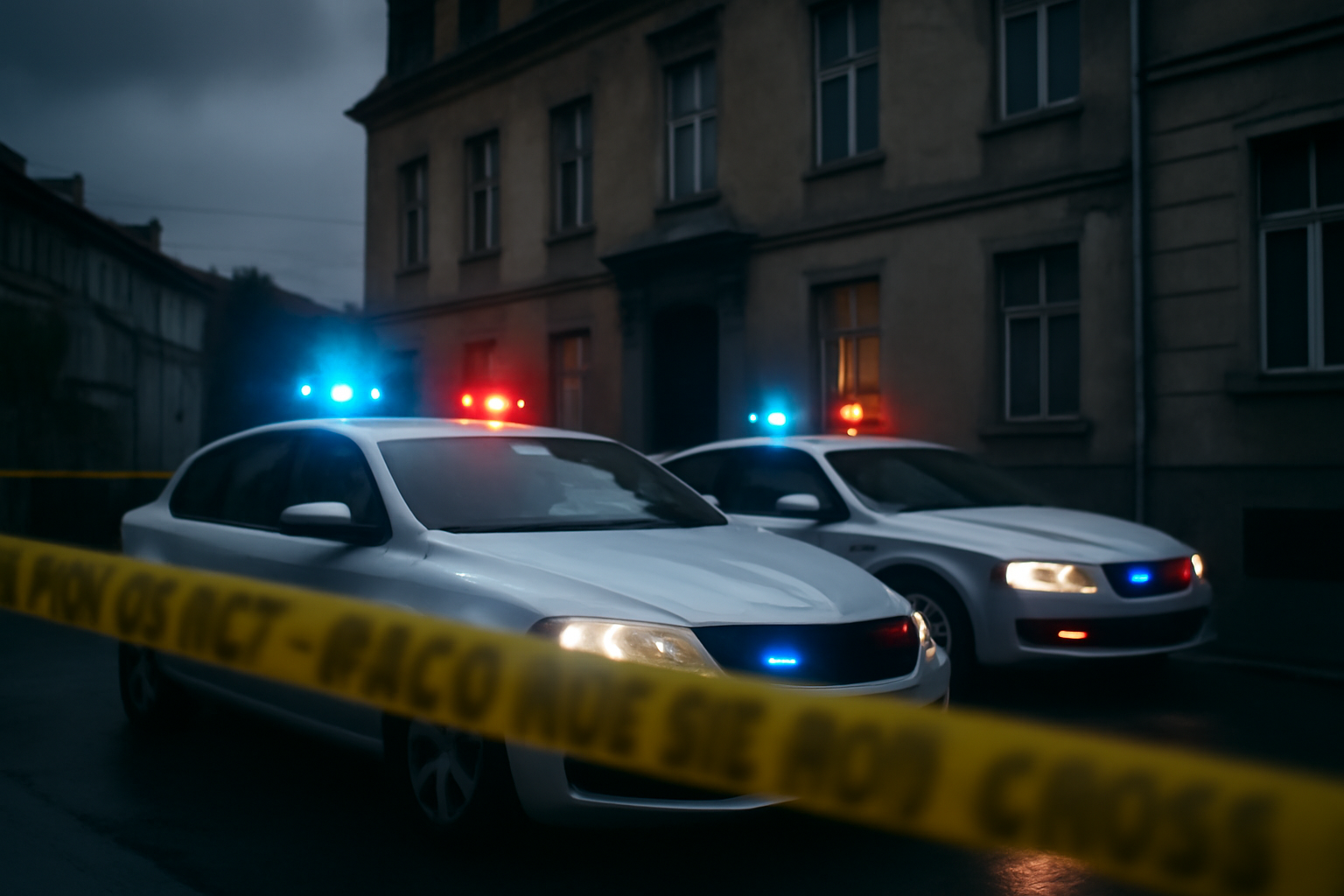 Police tape and emergency vehicles outside a building in Poland following a reported stabbing incident