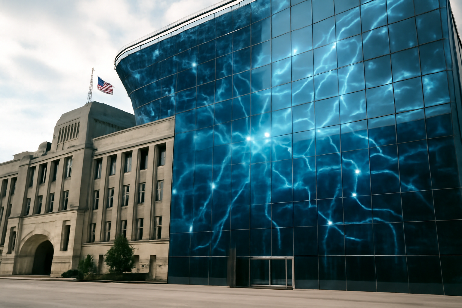 Government office building in Seoul with digital network graphics reflected on glass windows