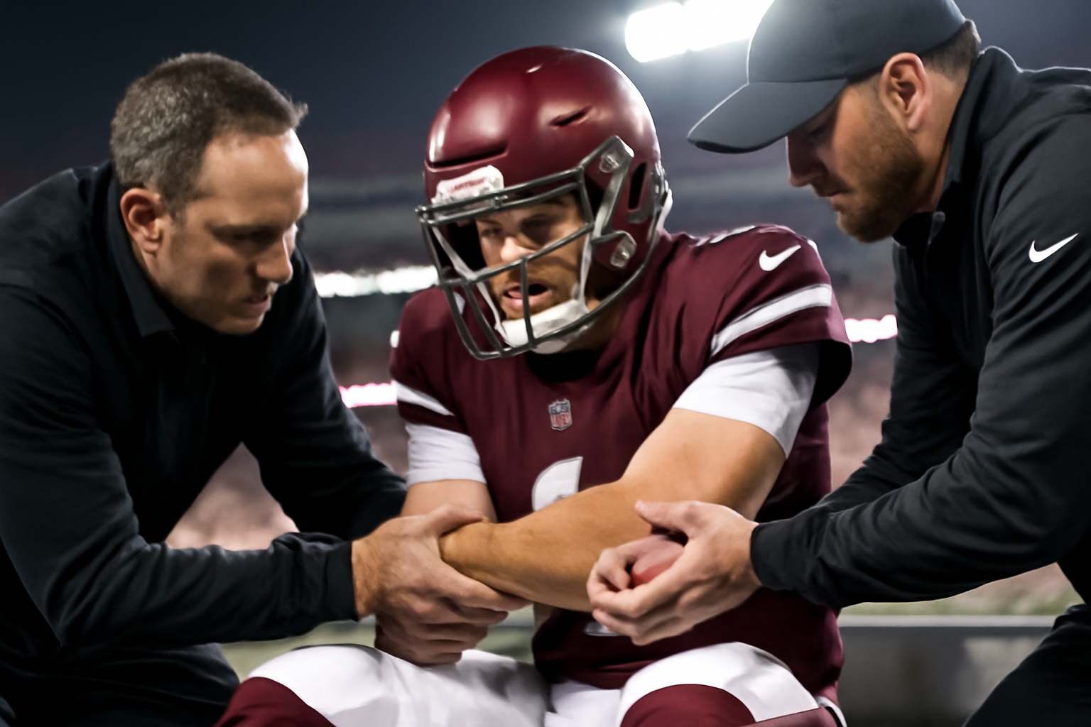 NFL quarterback in white and burgundy uniform grimacing while being examined on the sideline by medical staff