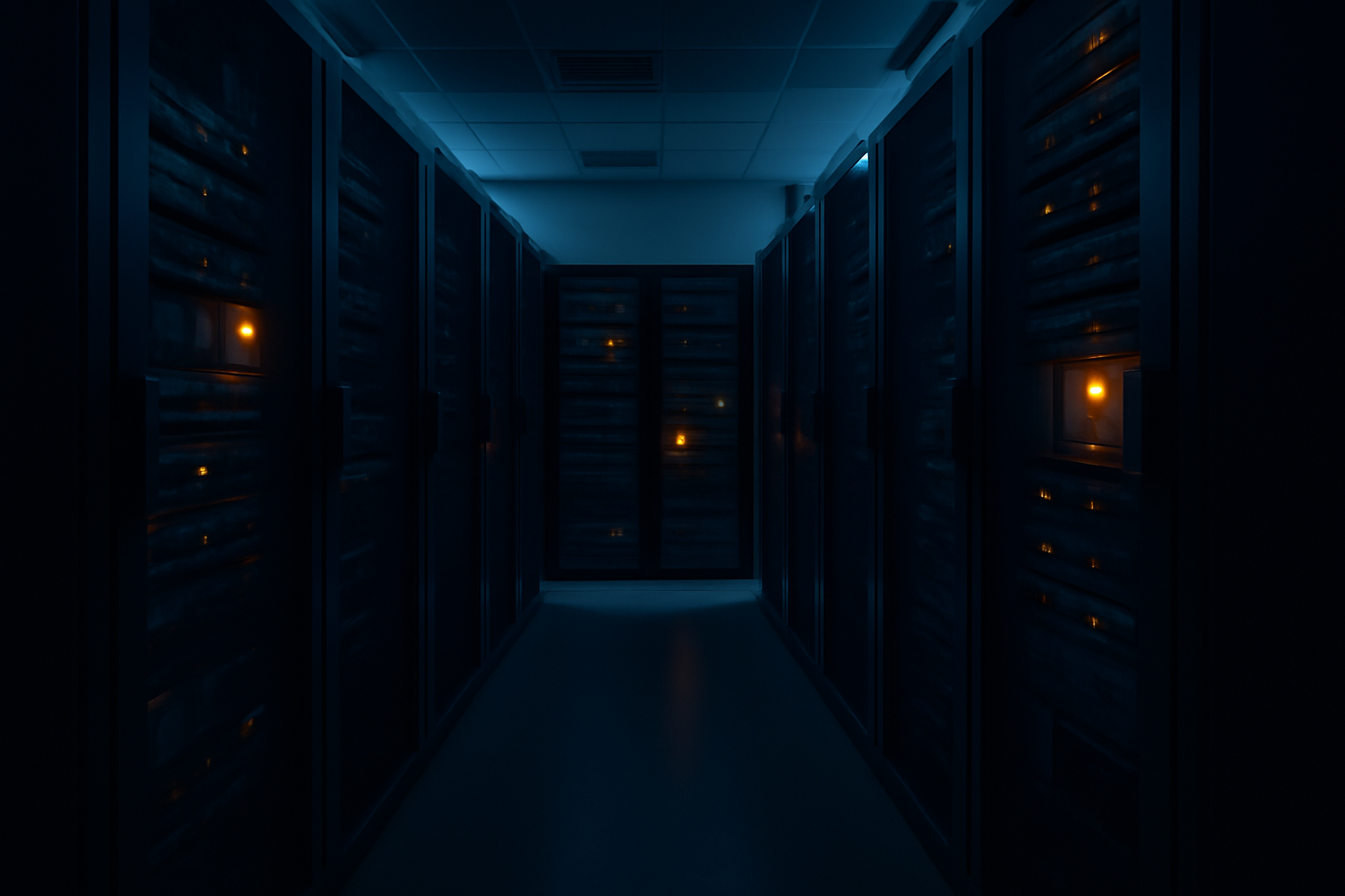 Server racks in a data center with warning indicator lights, symbolizing a paused AI training run