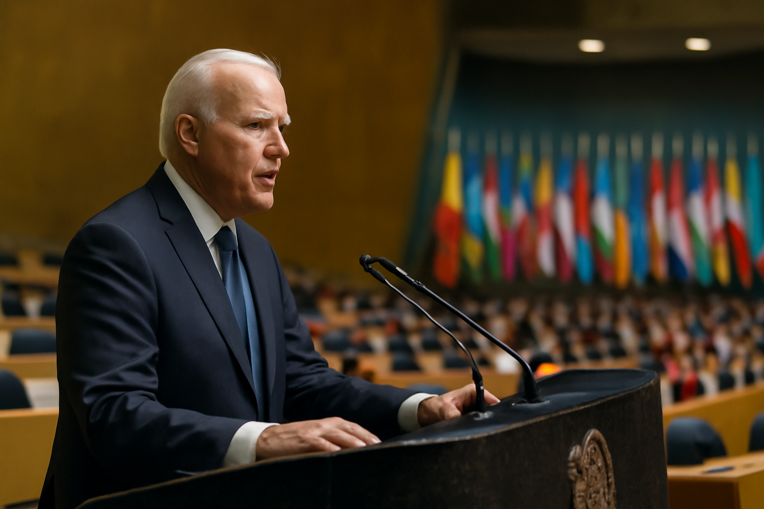 President Trump speaking at a podium before the United Nations General Assembly chamber