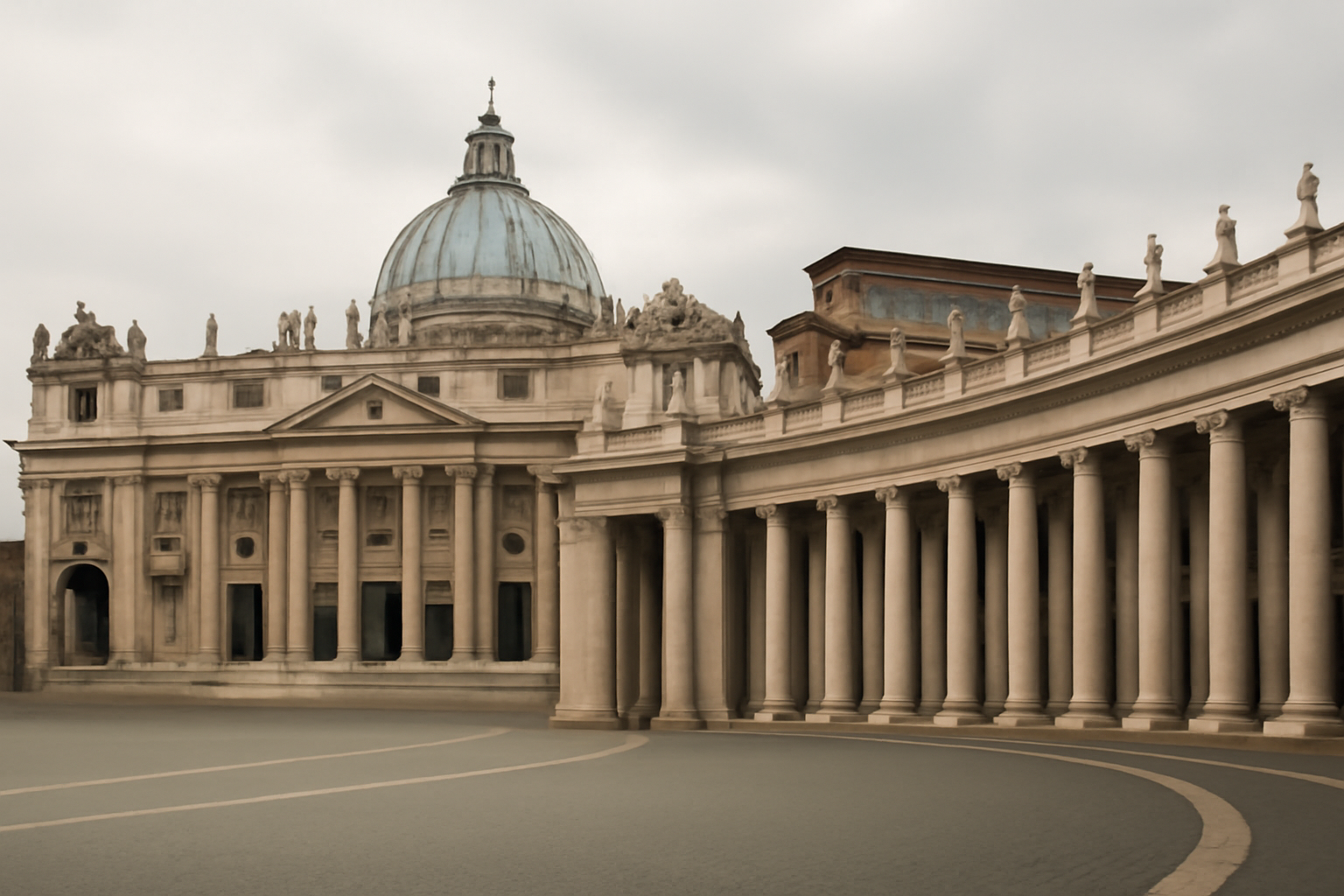 St. Peter's Basilica dome in Vatican City under an overcast sky
