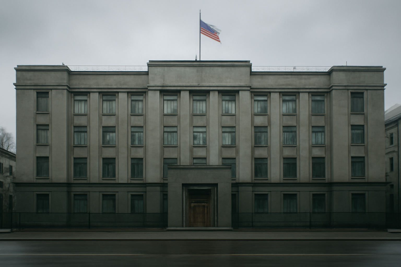 Russian security service building facade with national flag in Moscow