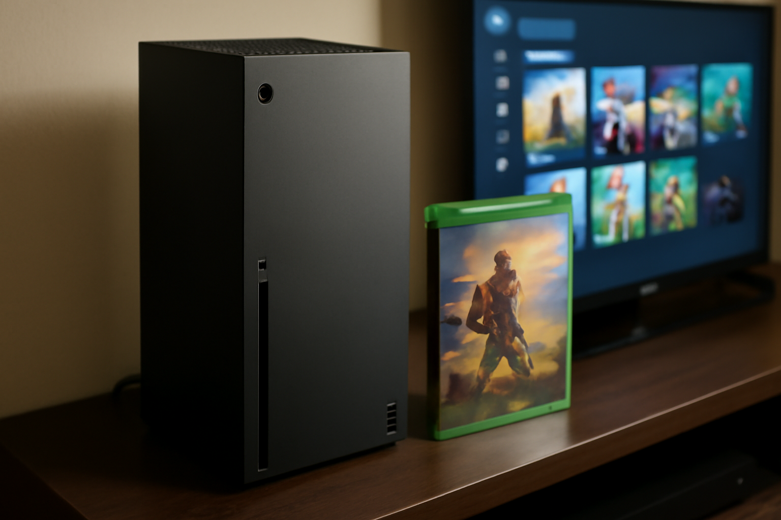 An Xbox console with a game disc beside a glowing digital library icon on screen
