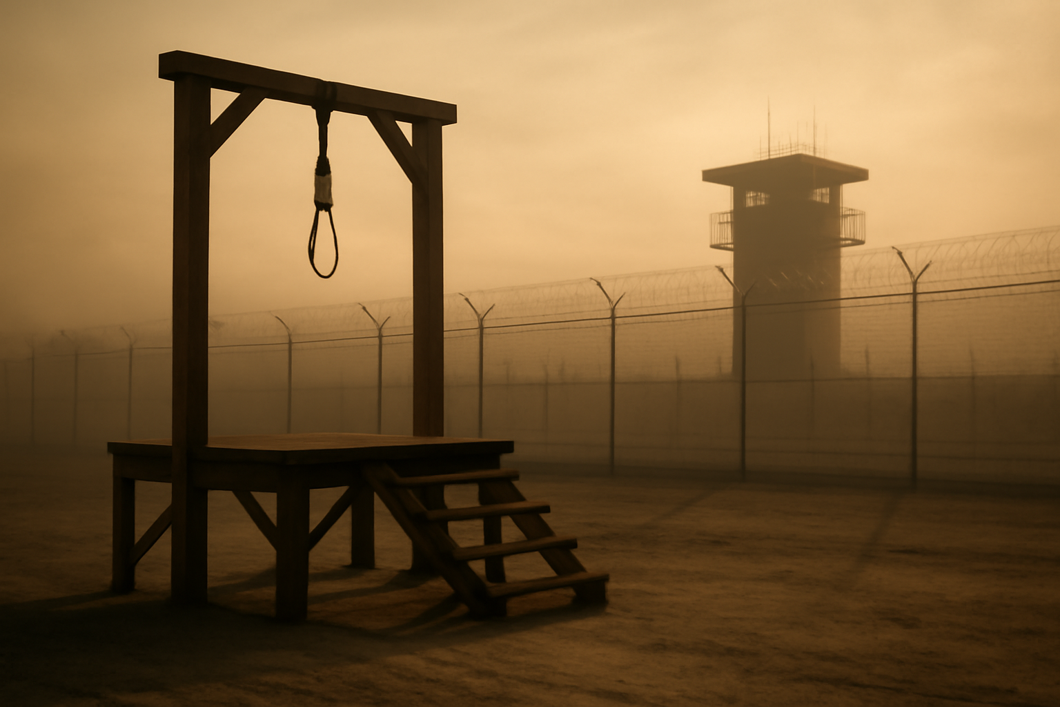 Empty wooden gallows platform at dawn beside a modern military firing range fence