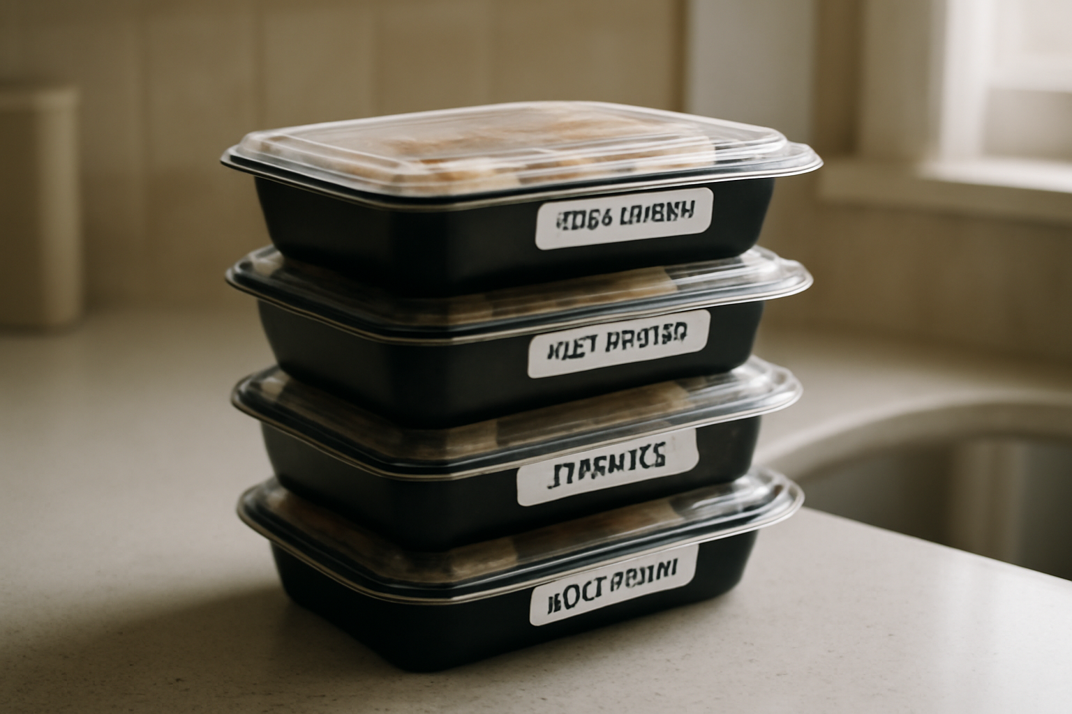 Prepared meal containers packed for delivery alongside a Medicaid enrollment folder on a kitchen counter