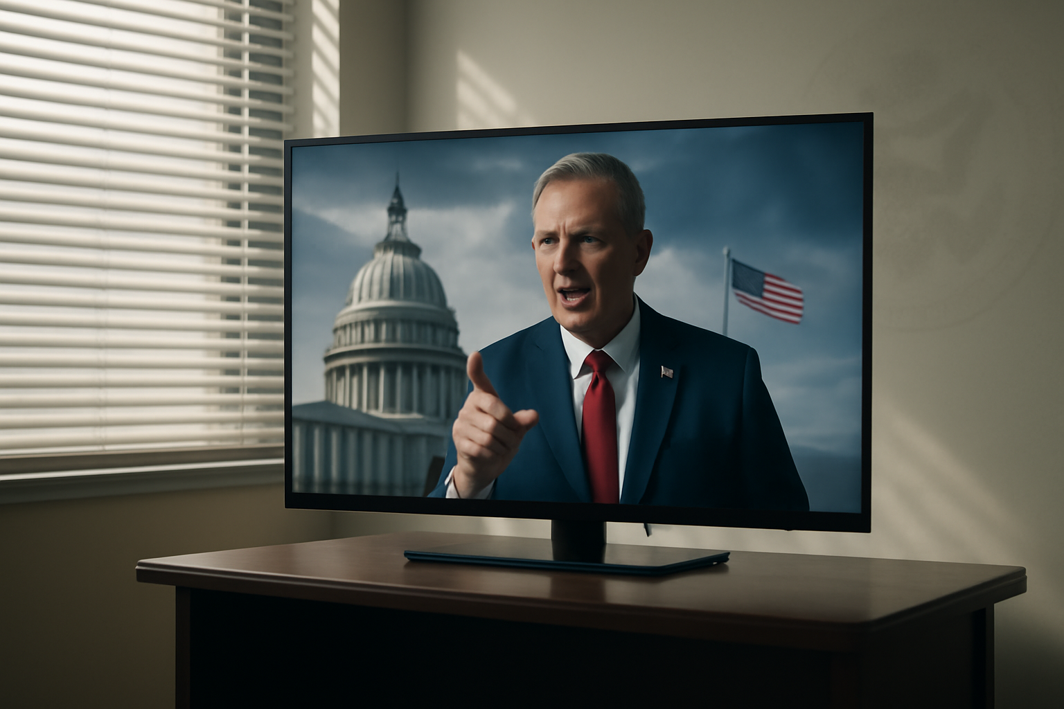 A television screen mid-broadcast showing a political-style advertisement inside a nondescript government office