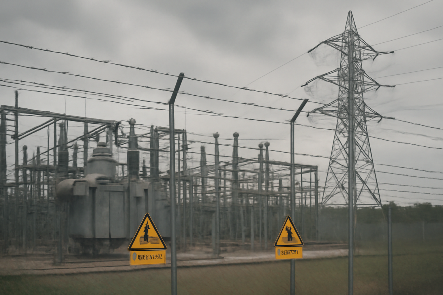 UK power substation and transmission towers under overcast sky, symbolizing critical infrastructure security
