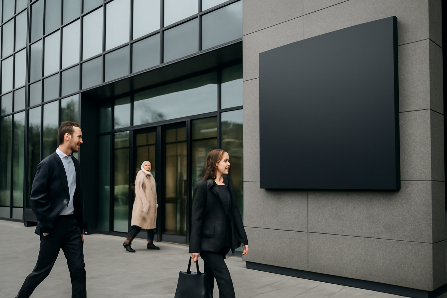 Exterior of an OpenAI office building with employees walking past glass doors