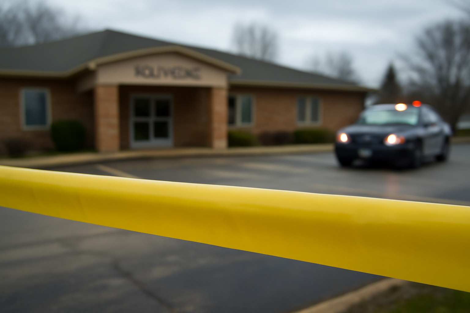 Police tape stretched across the entrance of a daycare facility parking lot