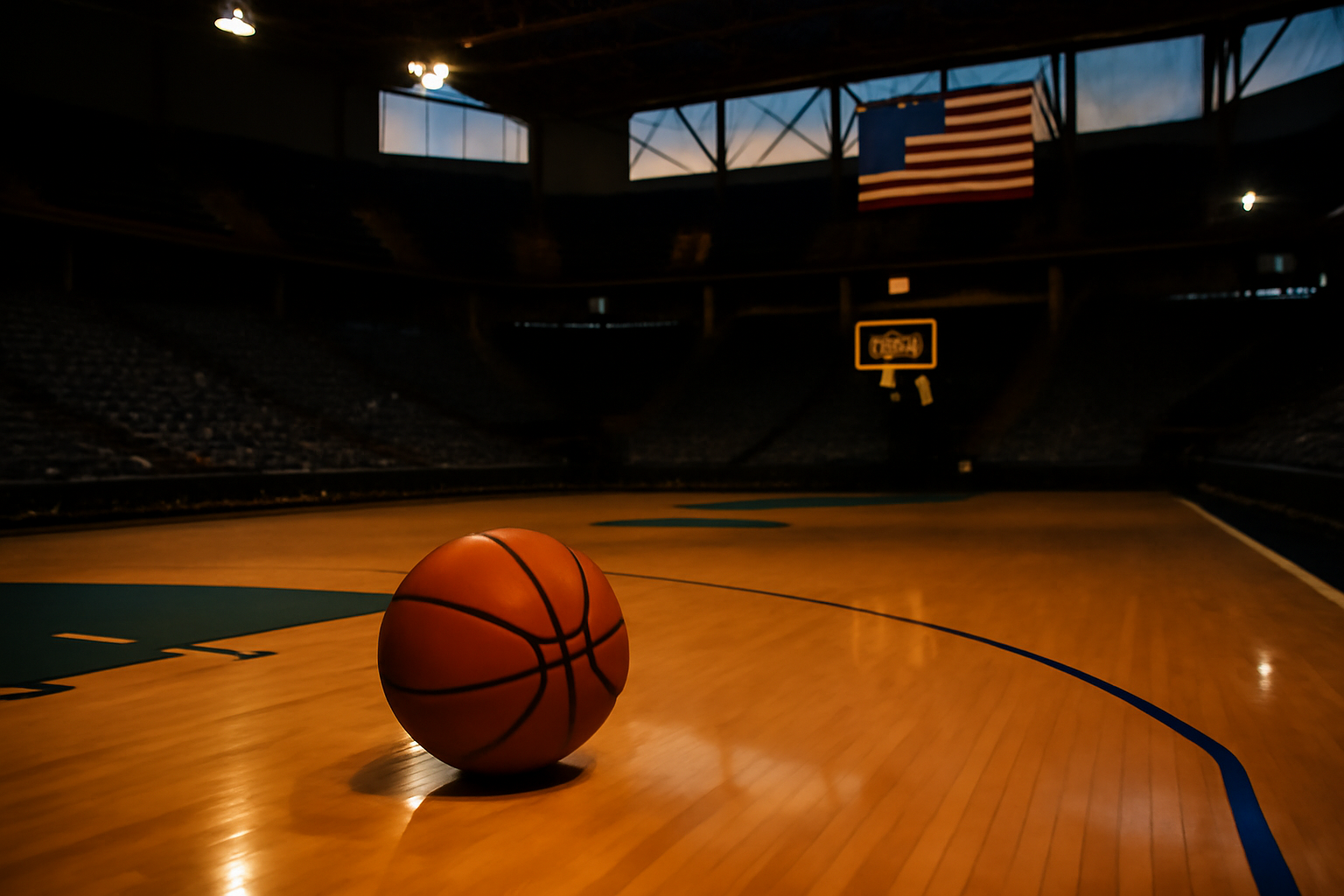 Basketball on an empty court floor beside a folded American flag