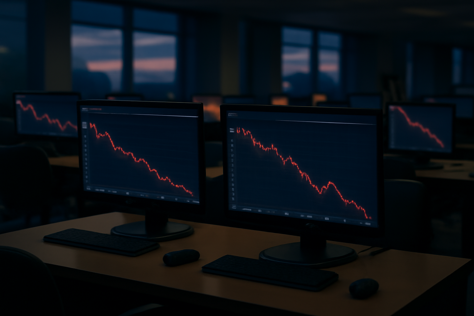 Rows of empty trading desks with multiple monitors showing red downward bond yield charts