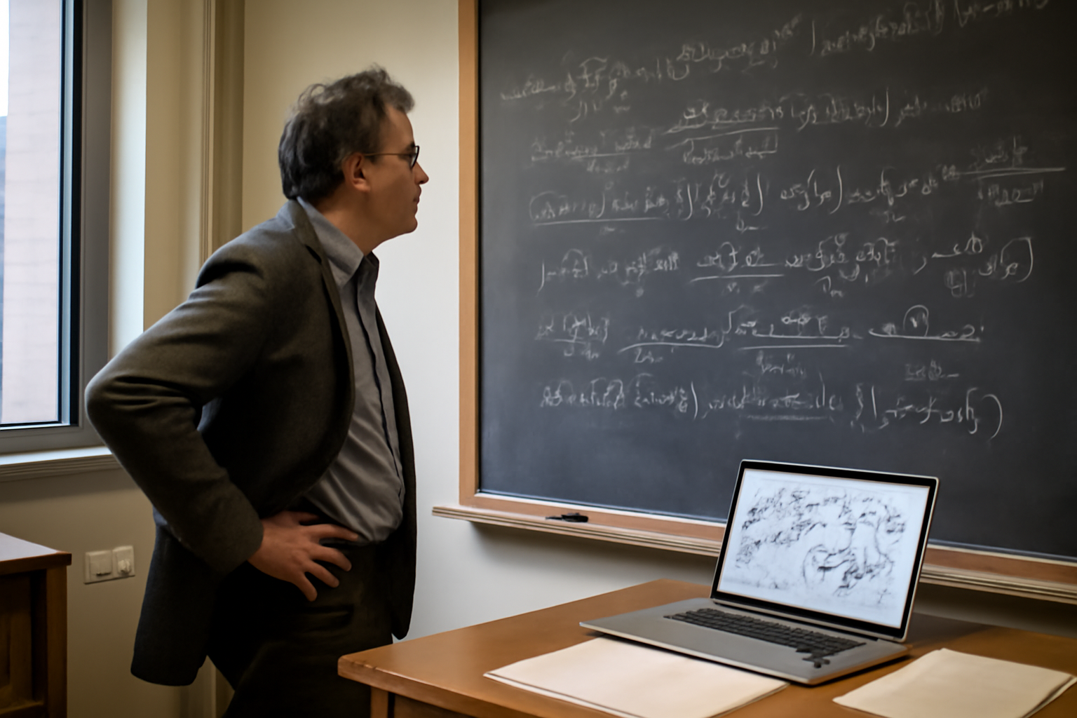 Mathematician reviewing handwritten equations on a chalkboard beside a laptop displaying AI-generated proof notation