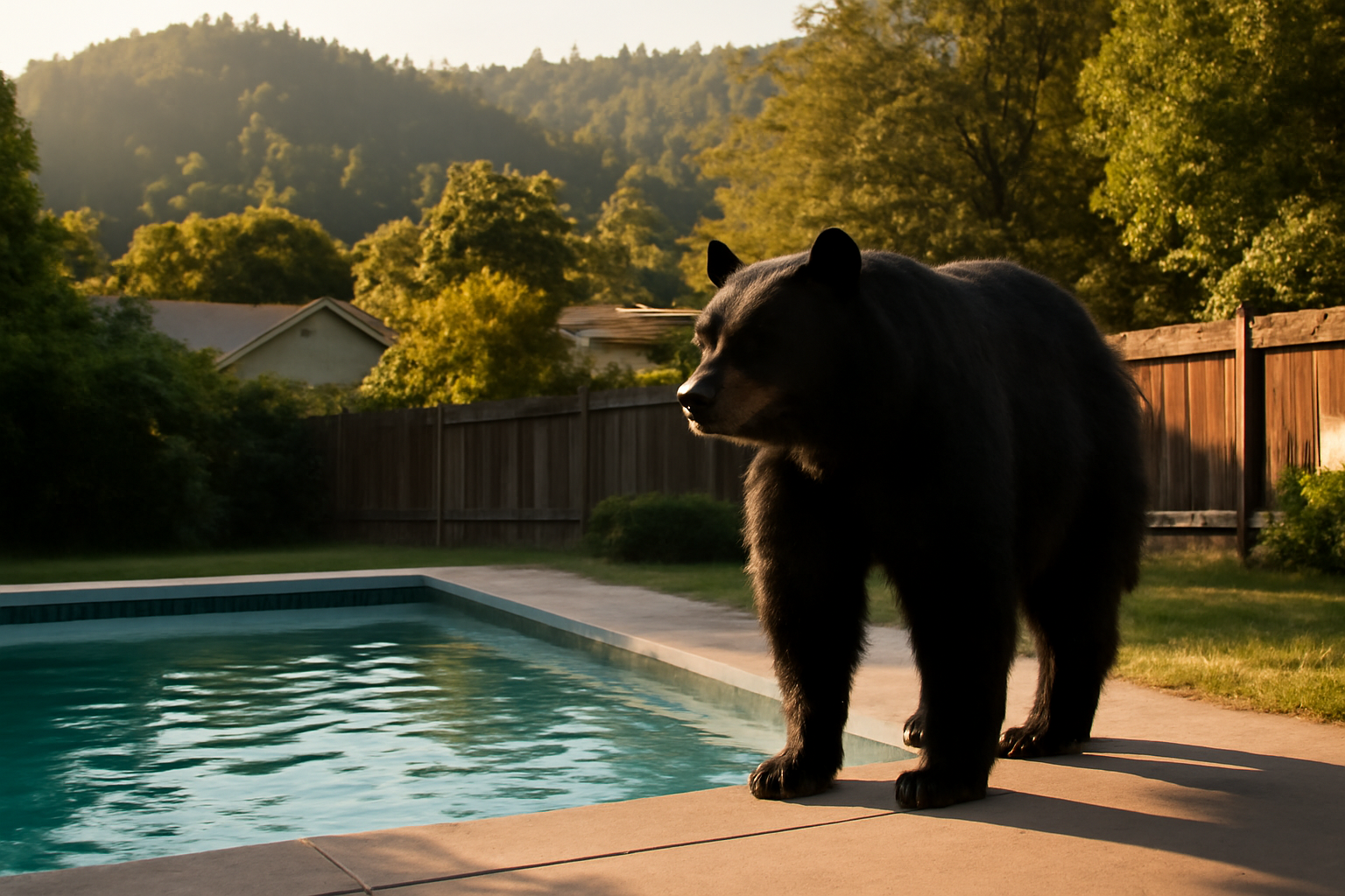 A black bear standing at the edge of a suburban backyard pool near forested hills outside Los Angeles