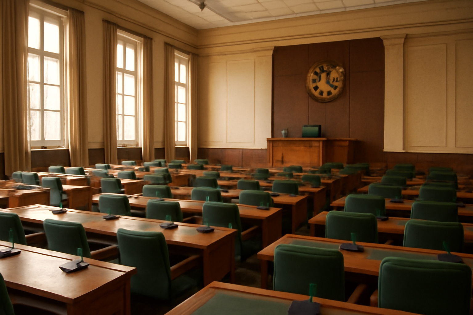 Empty legislative chamber with rows of wooden desks and a raised speaker's podium