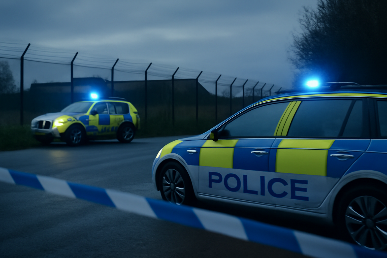 Police vehicles and cordon tape near a rural UK military airbase perimeter fence