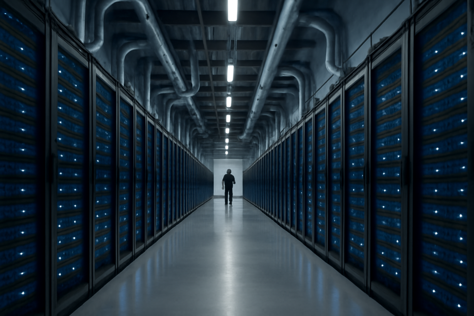 Rows of server racks inside a large data center with cooling ducts overhead