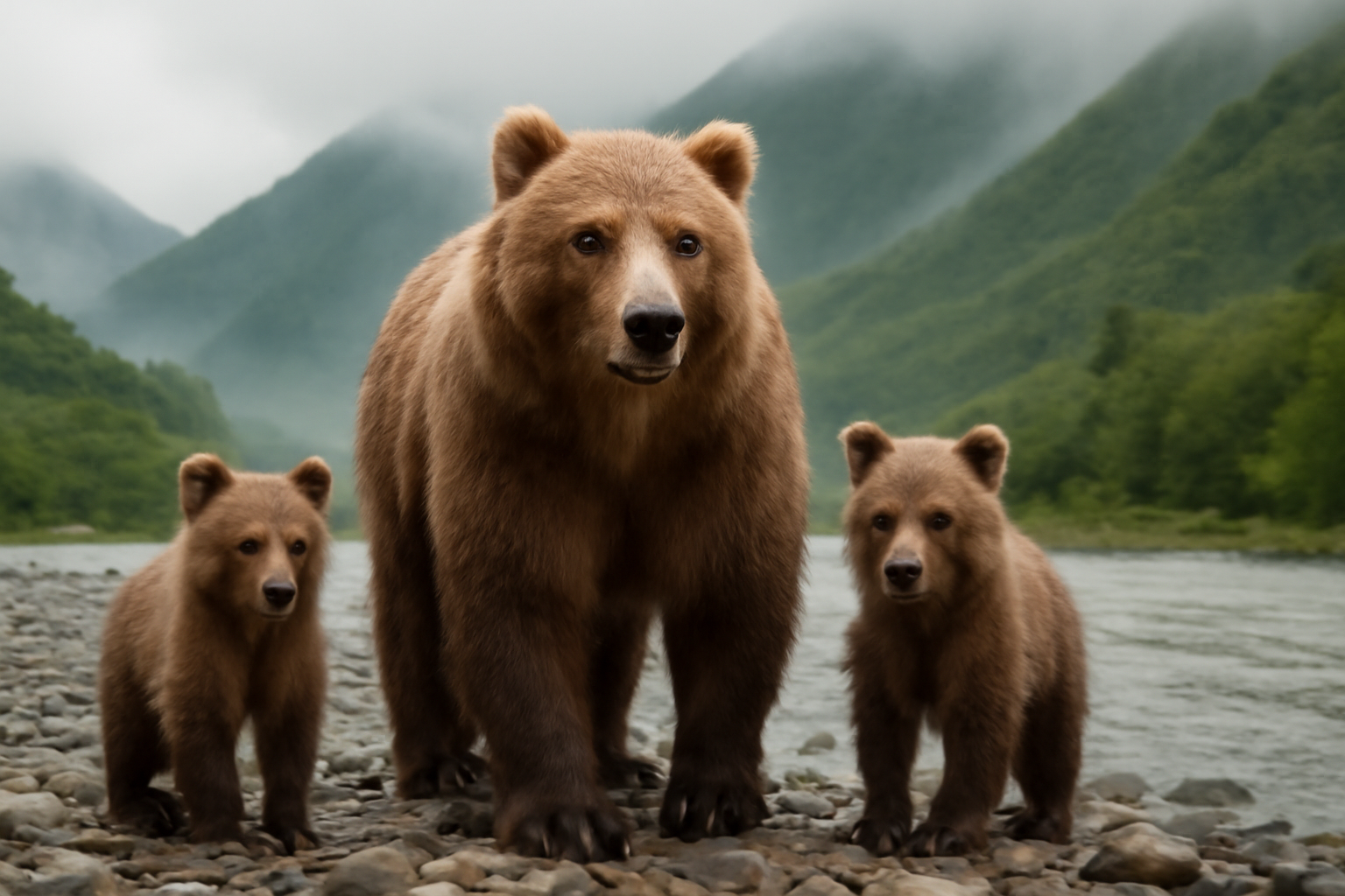 A brown bear and two cubs standing near a river in Katmai National Park, Alaska
