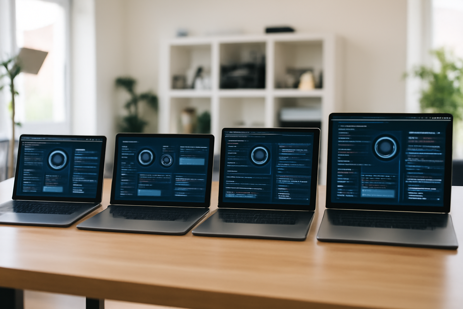 Four Arm-based laptops with Nvidia RTX Spark chips arranged on a desk during testing