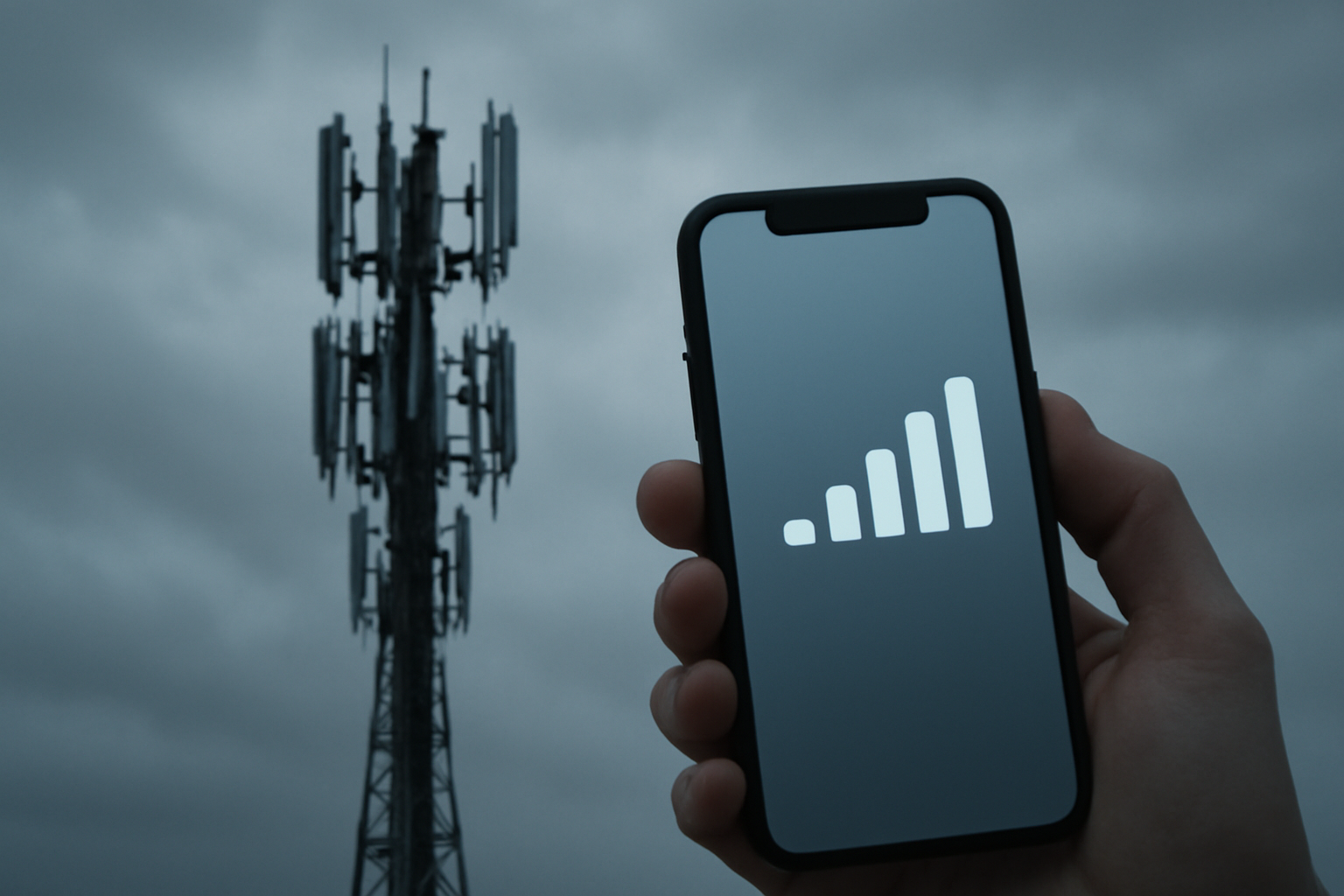 A cell phone tower against a cloudy sky with a smartphone in the foreground