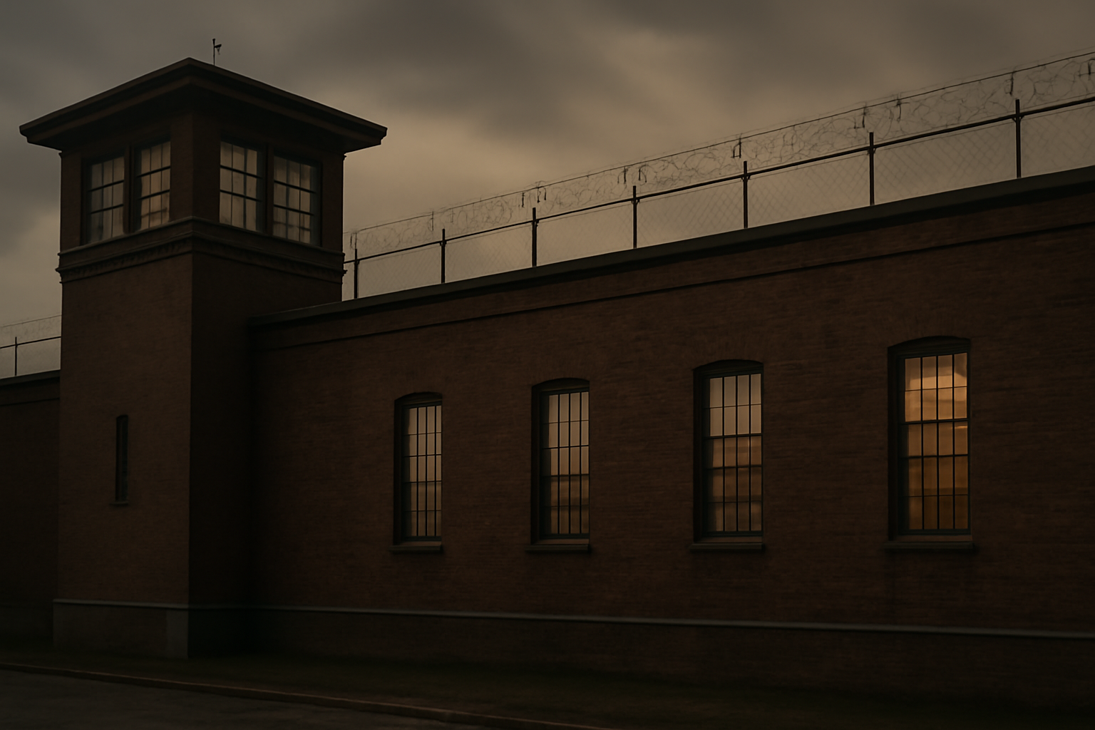Exterior of the Texas state penitentiary in Huntsville at dusk