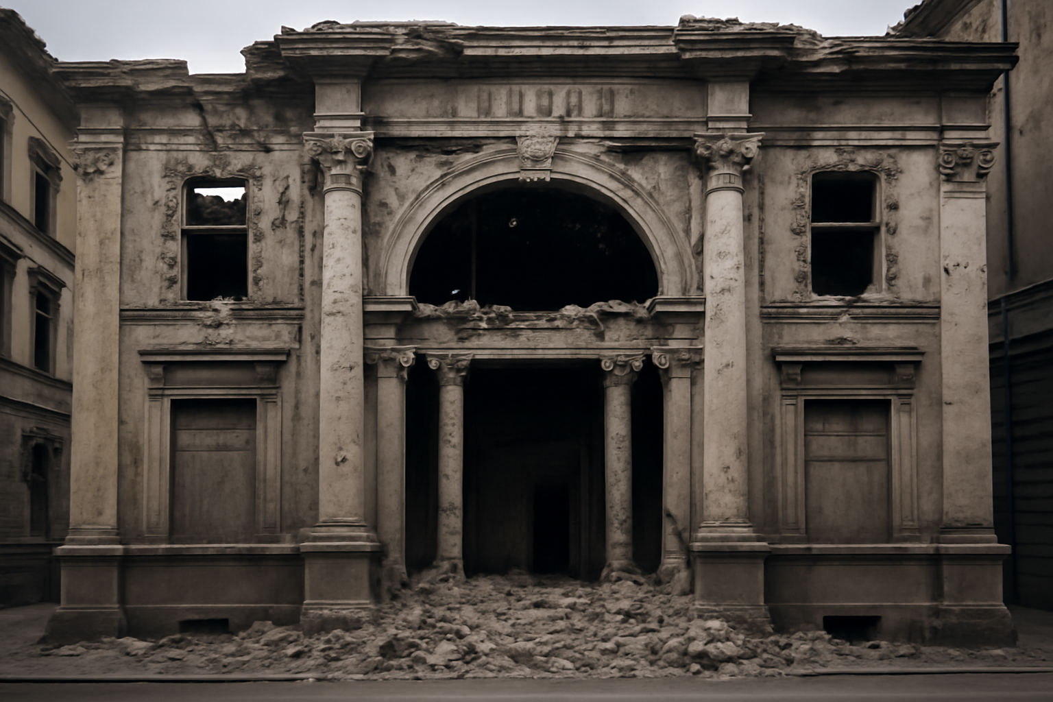 Exterior of a damaged theater building with boarded windows in a war-affected European city