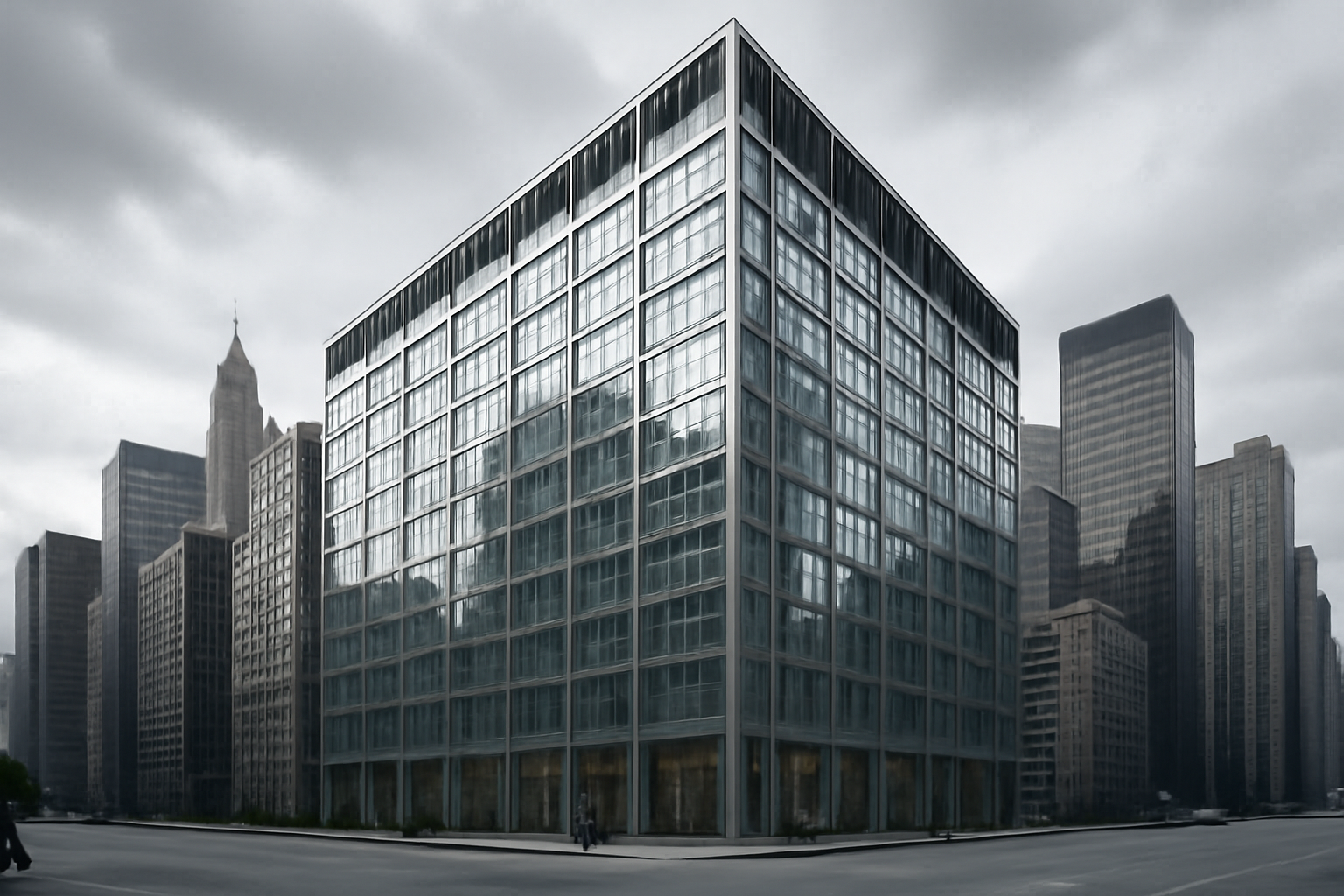 Exterior view of a Wall Street bank headquarters building with glass facade reflecting the financial district