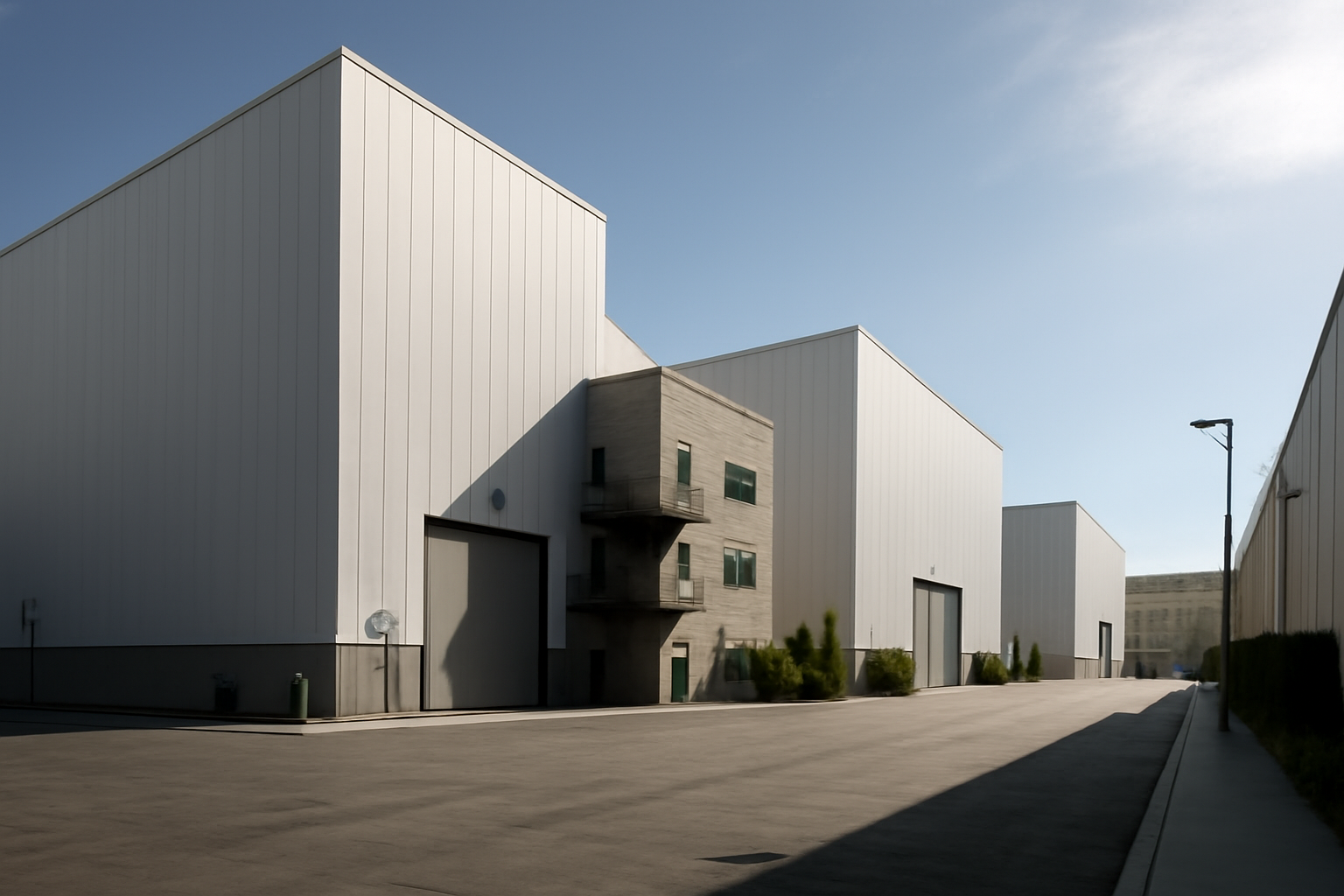 Exterior rendering style view of soundstage buildings on a Los Angeles studio lot under daylight
