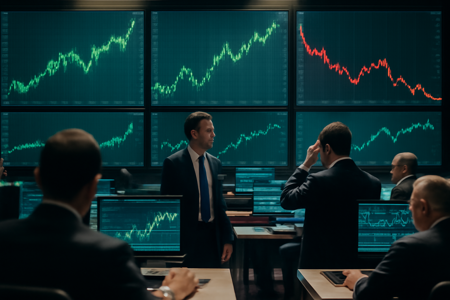 Traders watching stock and oil price screens on a exchange floor during a tech-led market rally