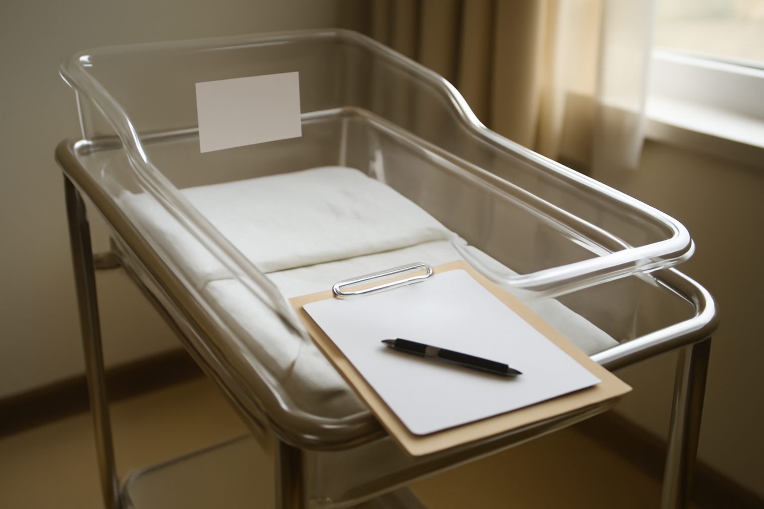 A hospital bassinet name card with a pen resting beside a list of popular baby names