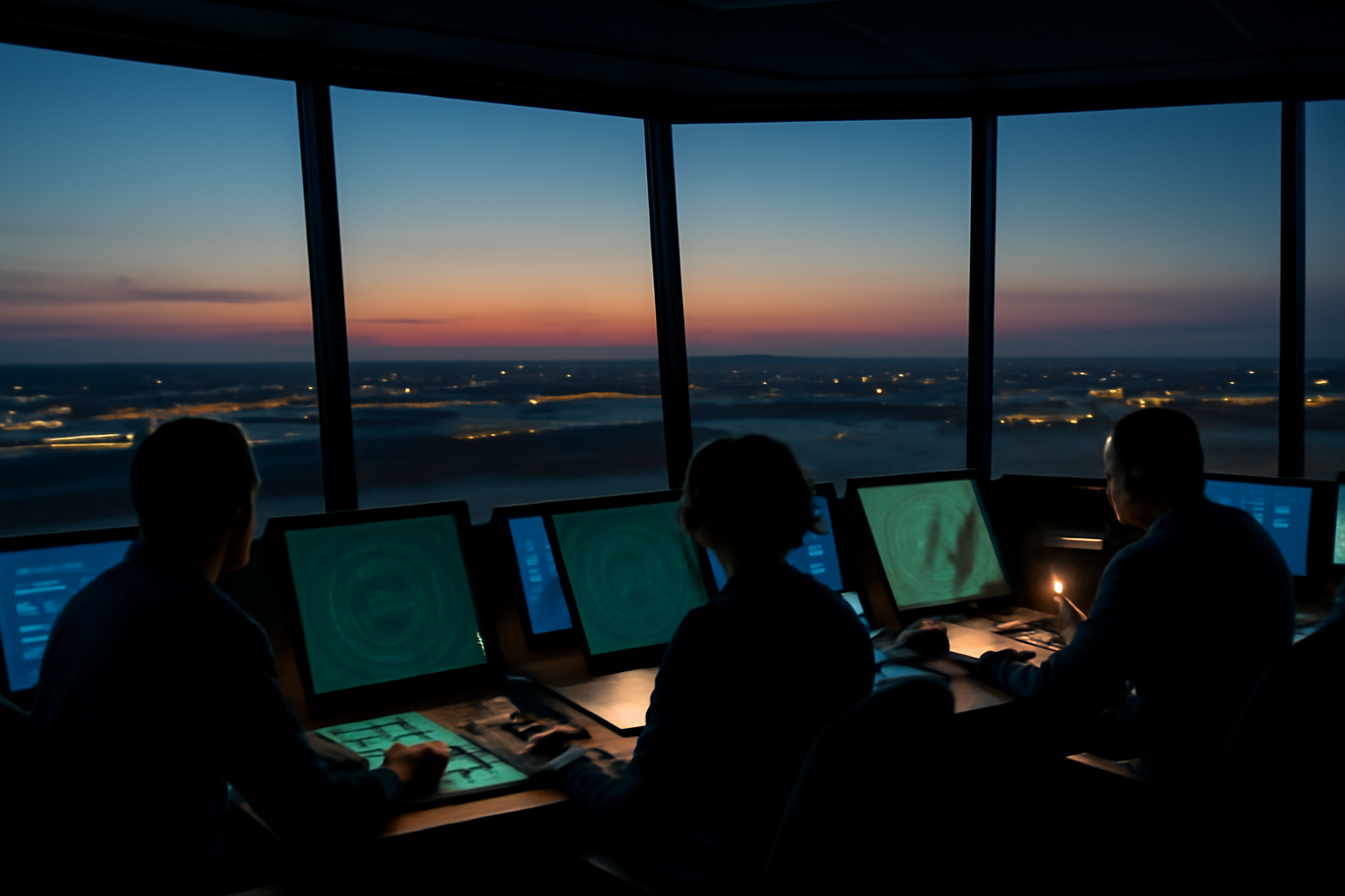 Air traffic controllers at radar screens monitoring flight paths above Washington D.C. airports