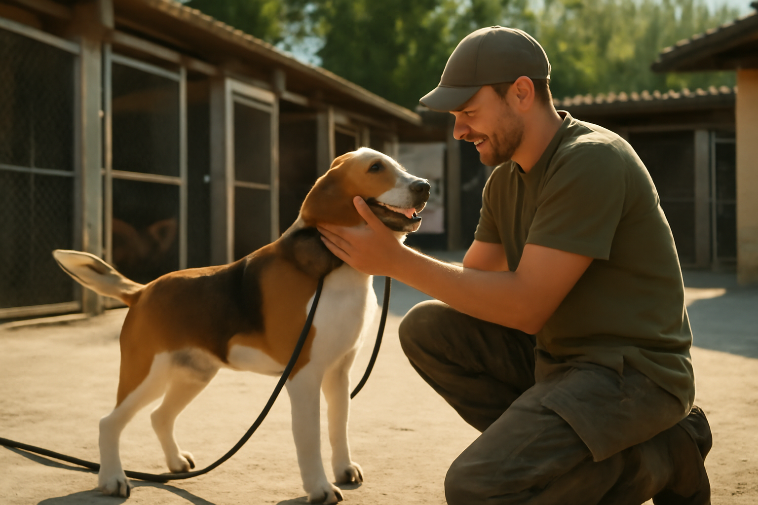 A beagle on a leash greeting a man in military-style clothing outdoors