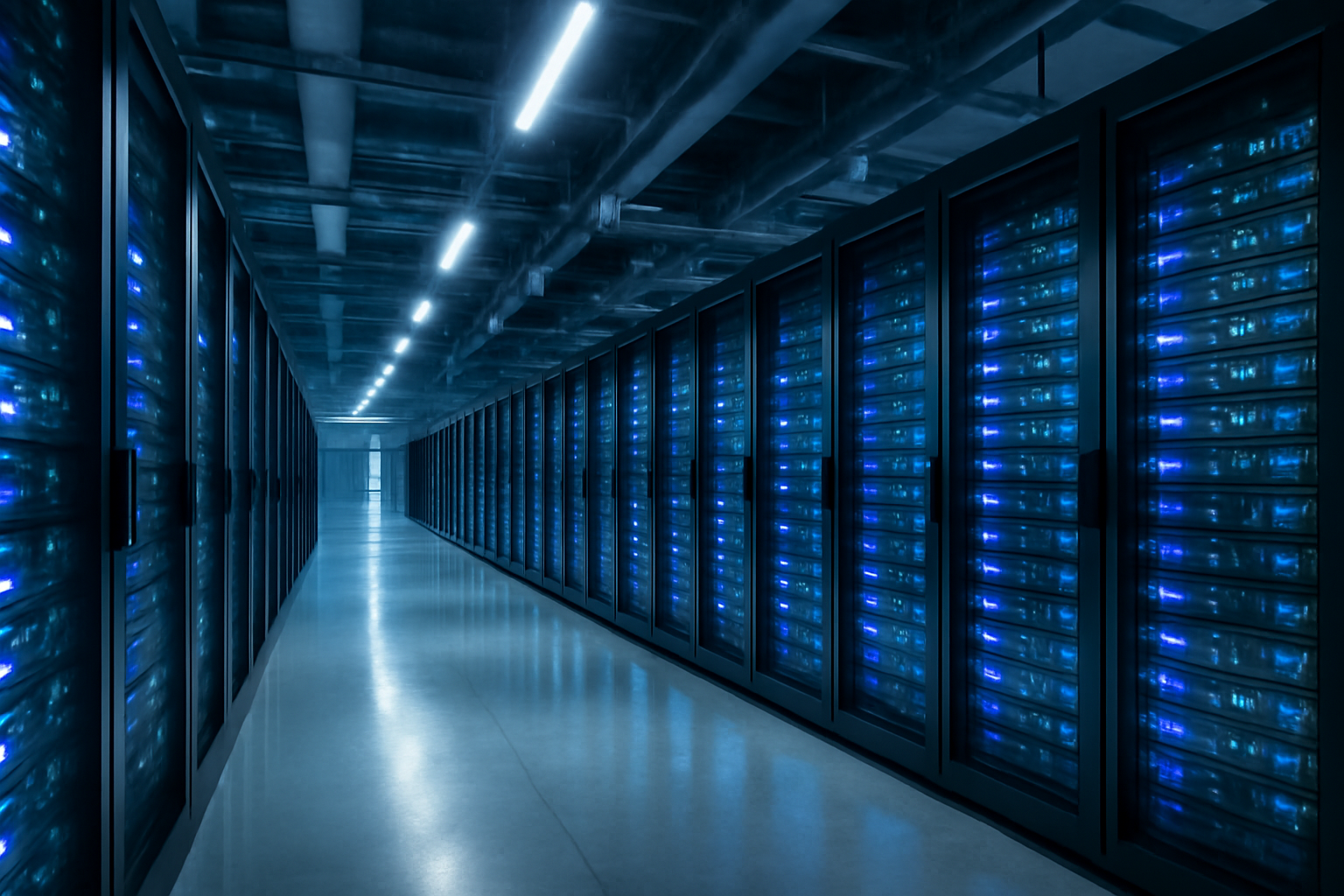 Rows of illuminated server racks inside a large data center hall at dusk