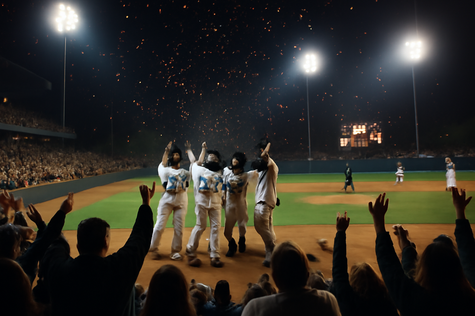 A nighttime baseball stadium scoreboard lit up during a championship game with crowd celebration
