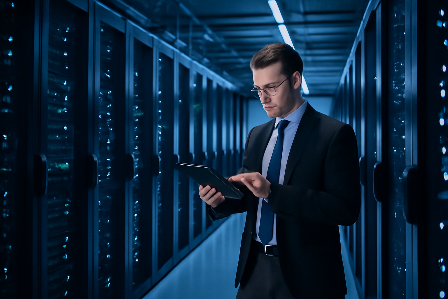 Rows of corporate server racks with glowing status lights in a data center