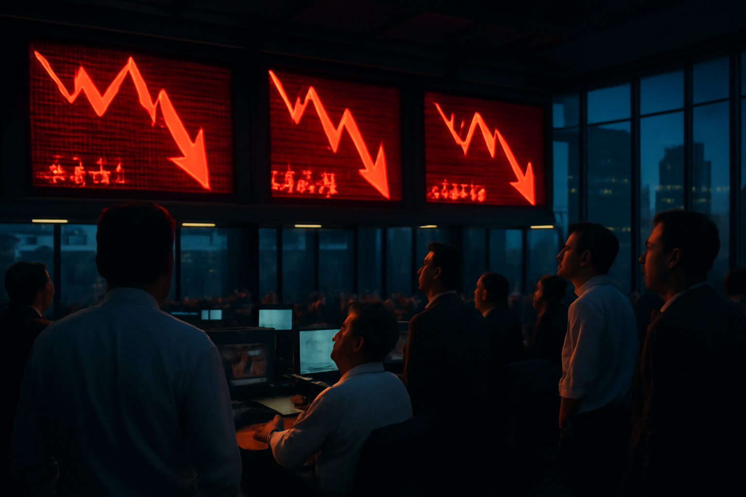 Trading screens in an Asian financial district showing declining stock indices during a market selloff