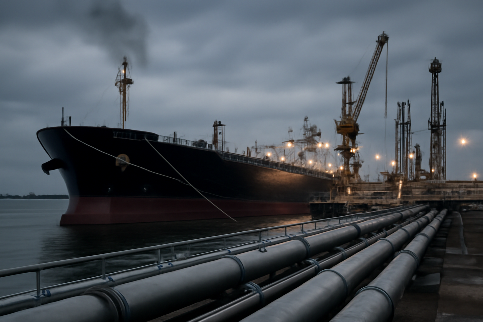 Oil tanker ship docked at a U.S. port terminal with pipeline infrastructure in the foreground