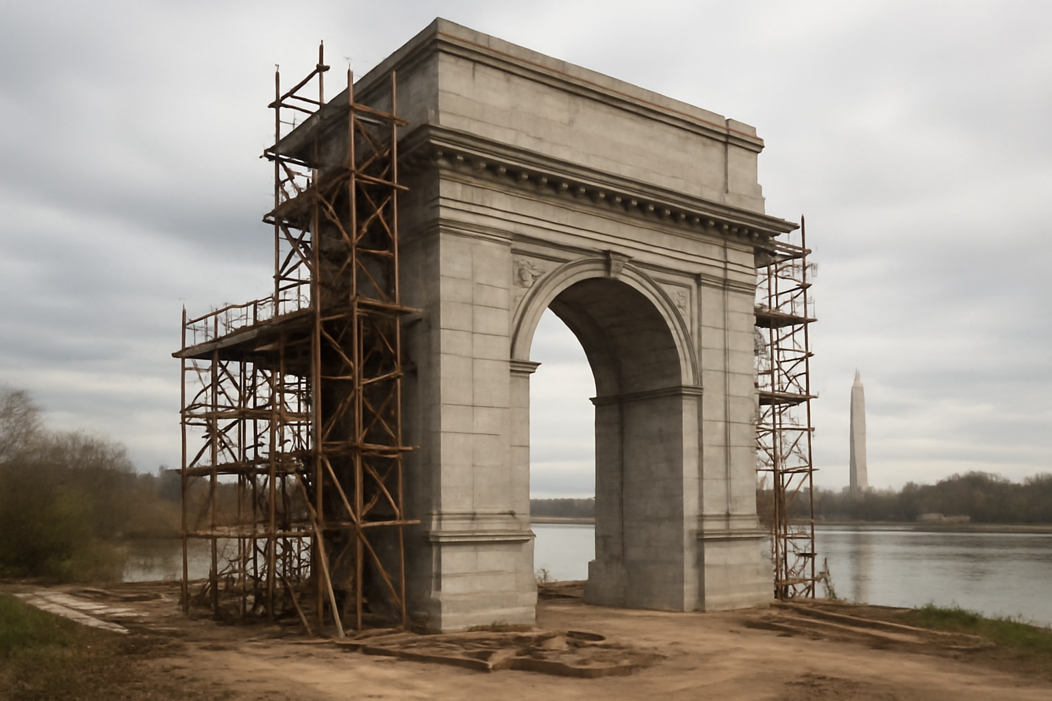 Rendering of a large golden-topped triumphal arch structure near a river with a city skyline in the background