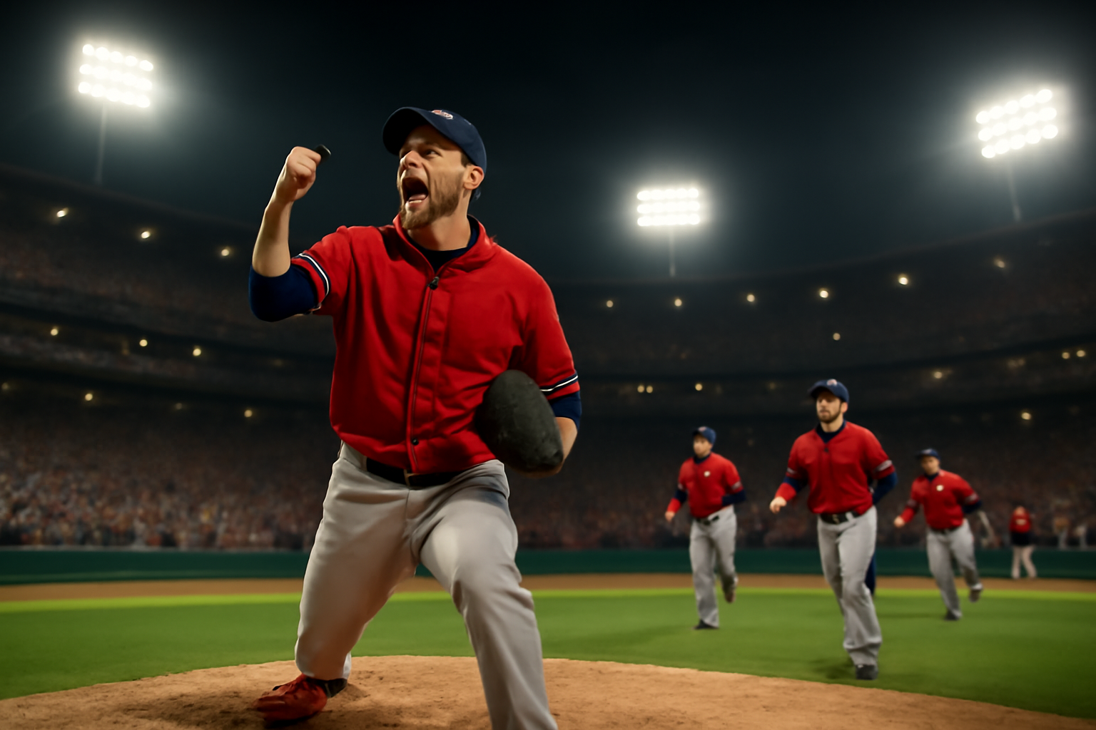 Relief pitcher in Braves uniform celebrating on the mound with teammates nearby at a nighttime baseball stadium