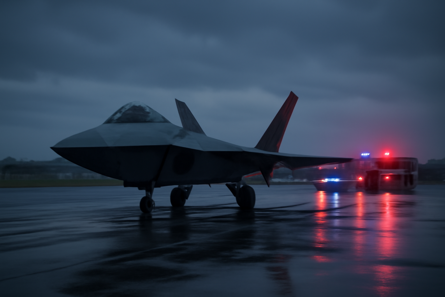 A military fighter jet on a runway apron in Germany with emergency vehicles nearby under overcast sky