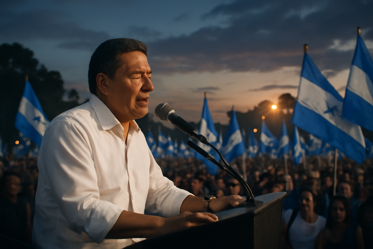 Brazilian President Lula speaking at an outdoor campaign rally with supporters holding flags