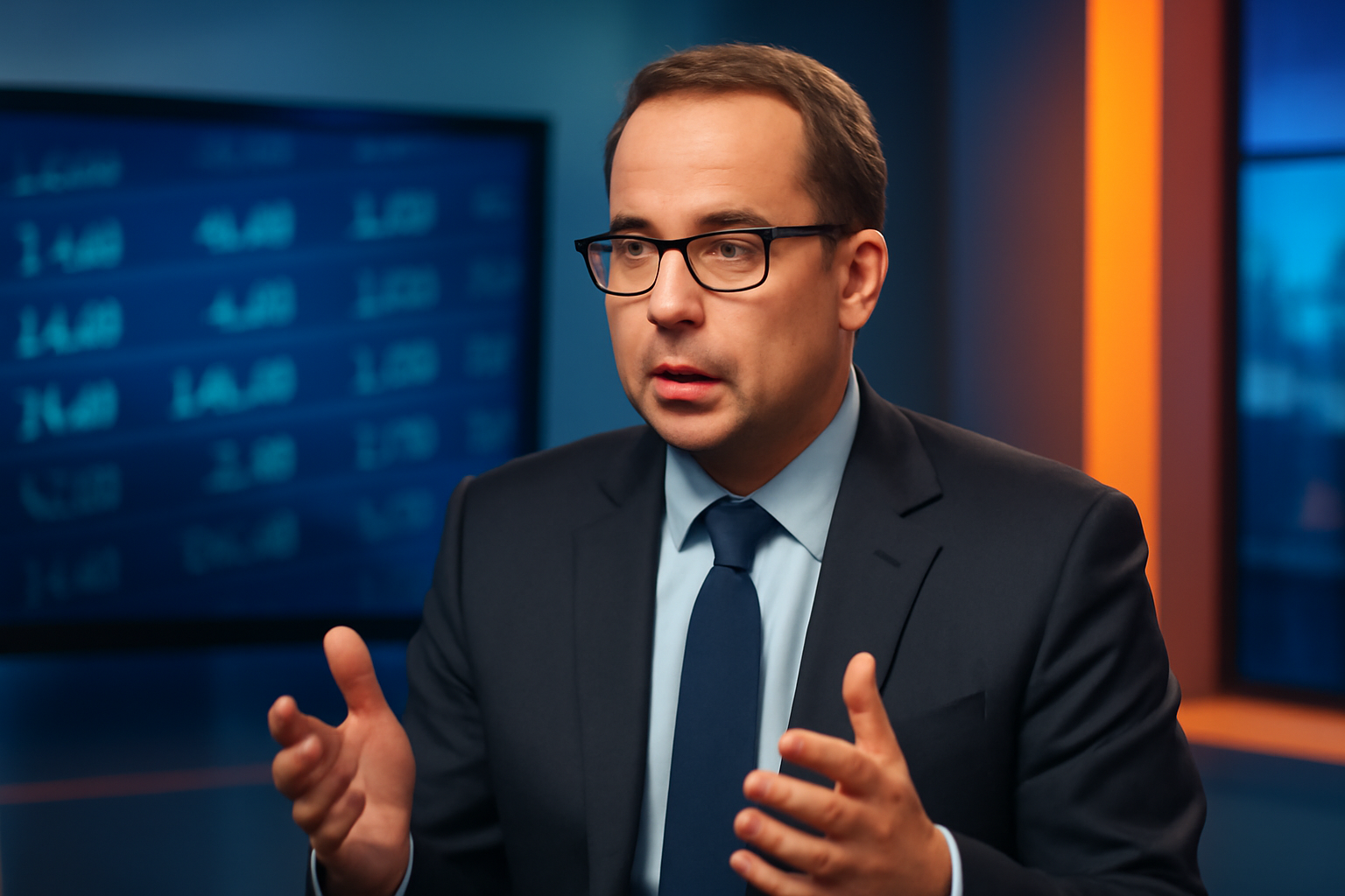 Financial television screen showing a market analyst discussing AI stocks during a live interview