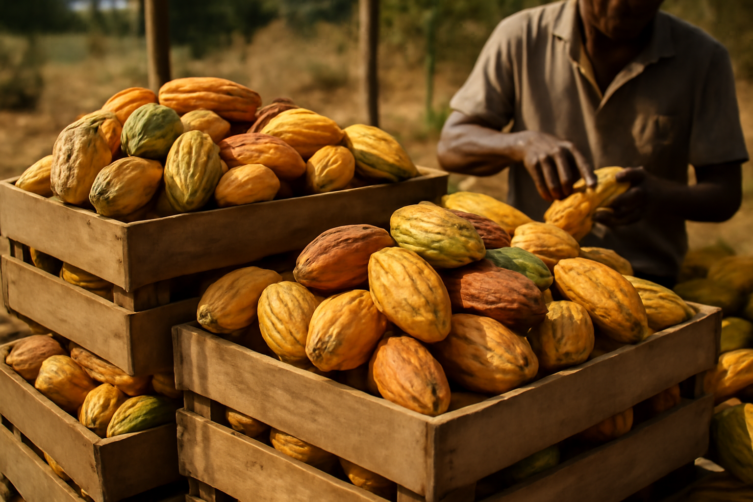 Cocoa pods stacked in crates at a West African farm collection point