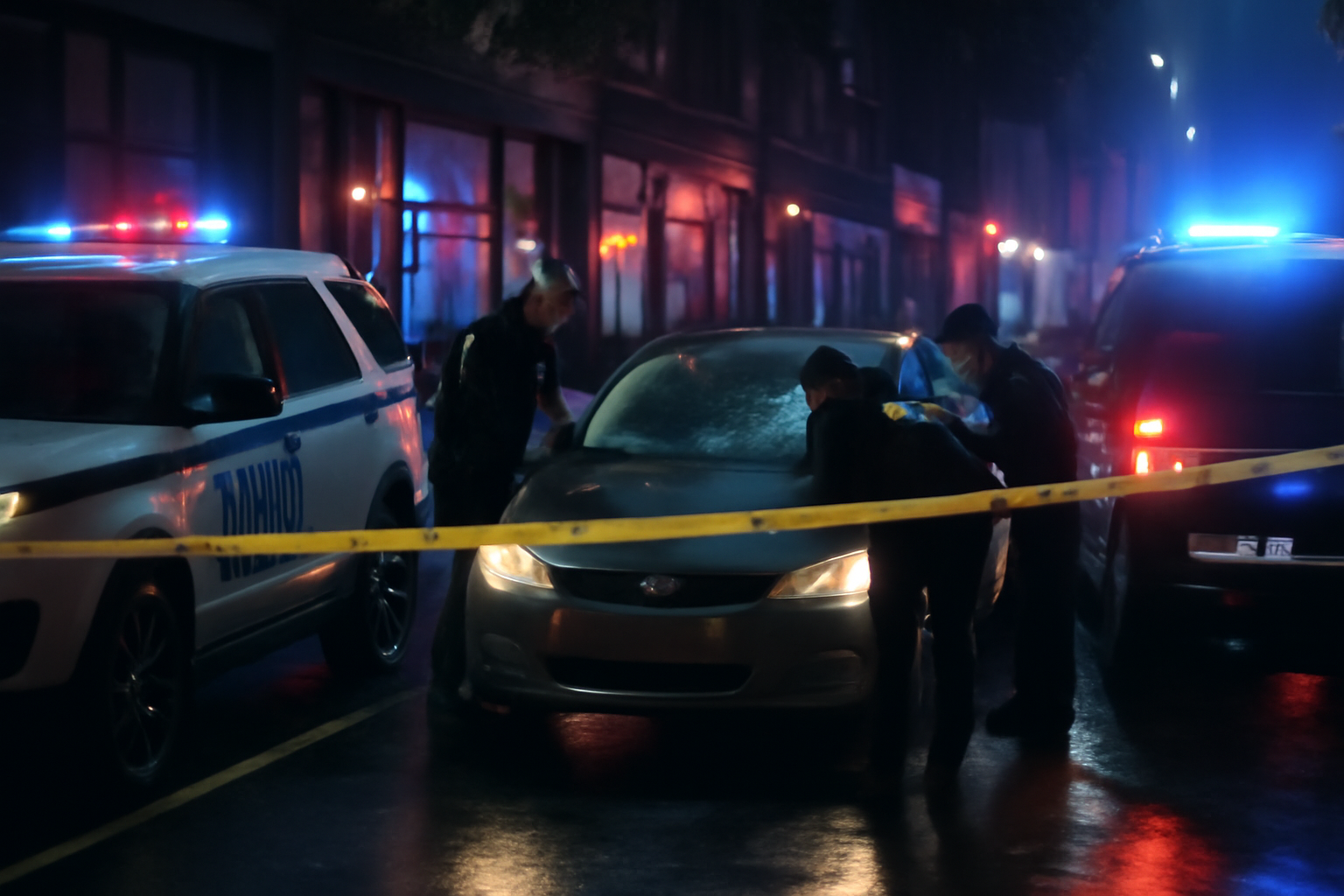 NYPD and FBI investigators examine a parked car with a shattered windshield on a New York City street after an ICE shooting.