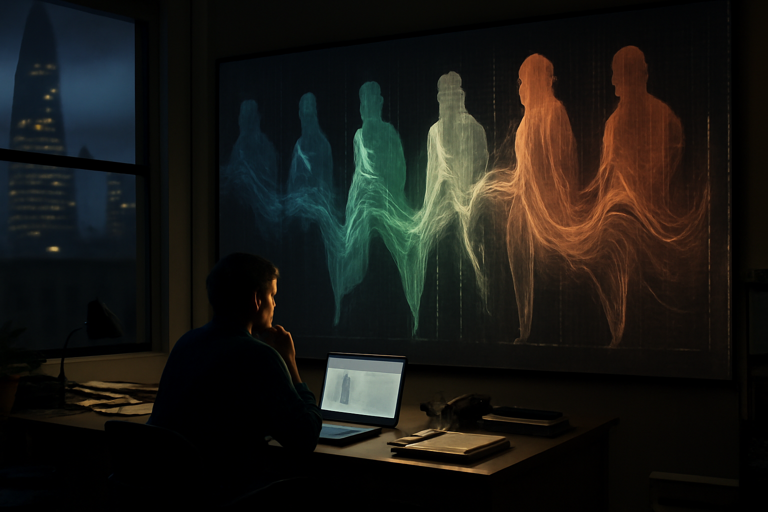 Abstract data visualization representing an AI model simulating shifting human behavior patterns