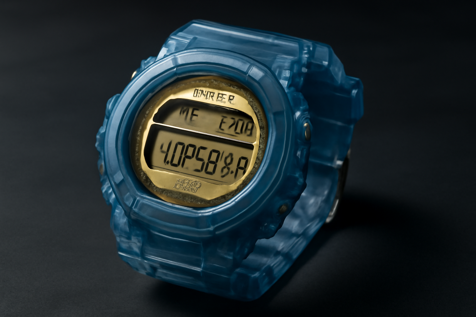 Blue sapphire-crystal G-Shock watch case resting on a dark reflective surface