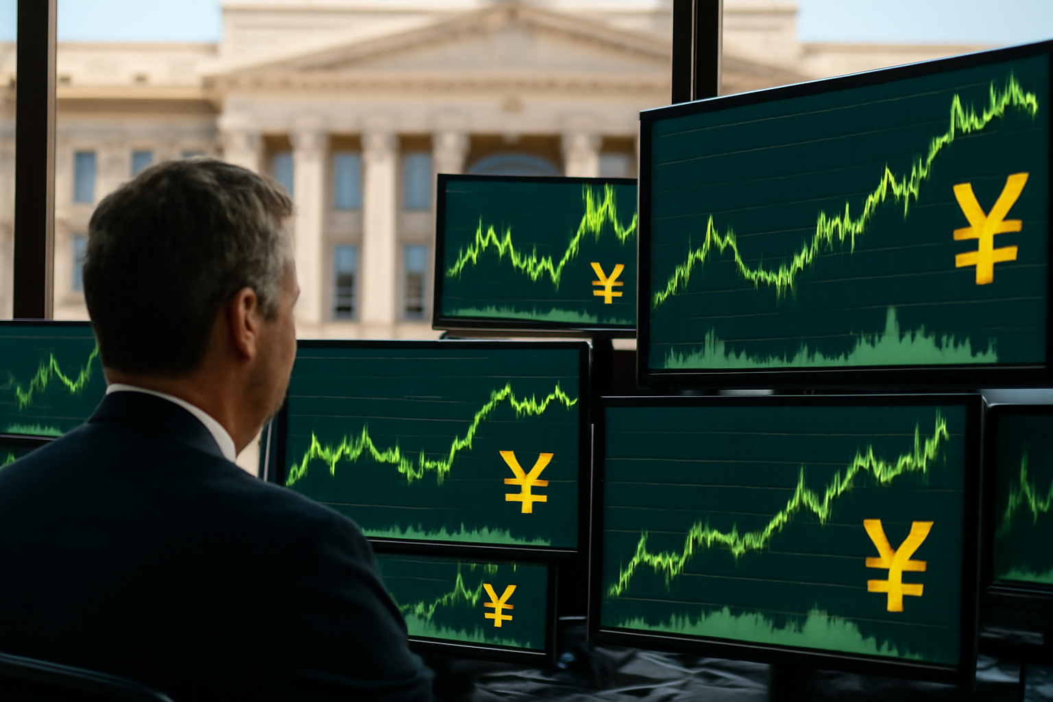 Trading floor screens displaying Chinese yuan interest rate figures beside the People's Bank of China headquarters facade