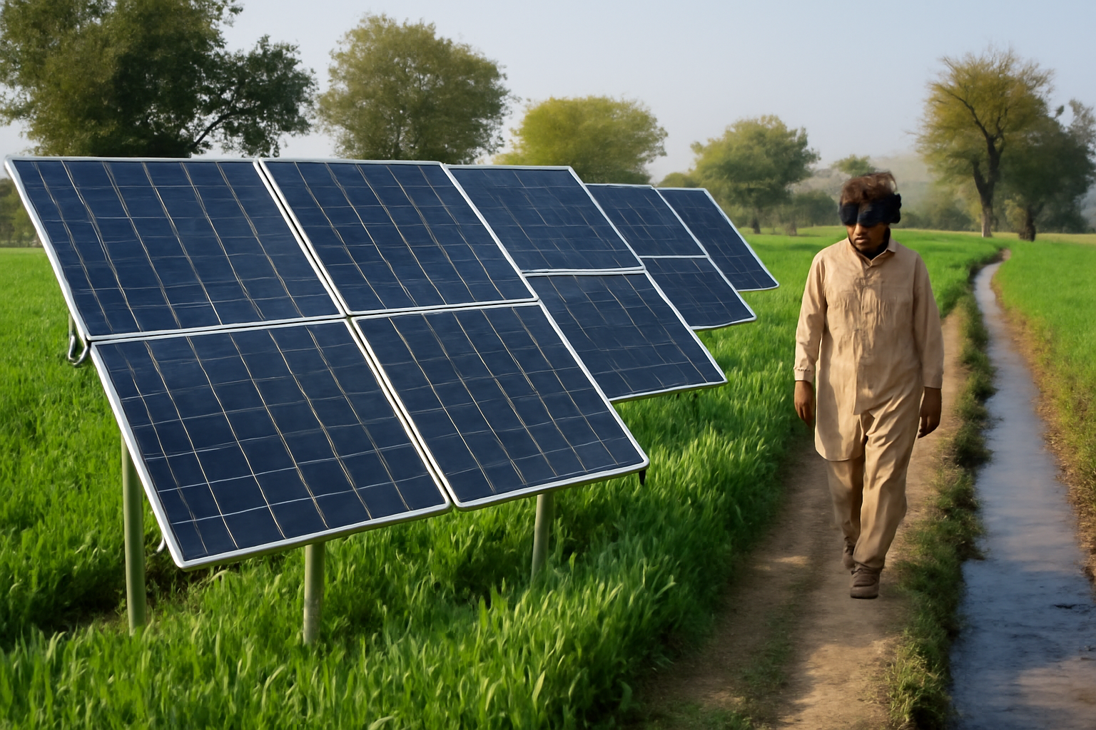 Solar panels installed beside irrigated farmland in rural Pakistan